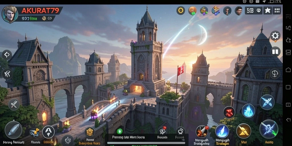 Tangkapan layar gameplay menampilkan menara strategis dan gelombang musuh.