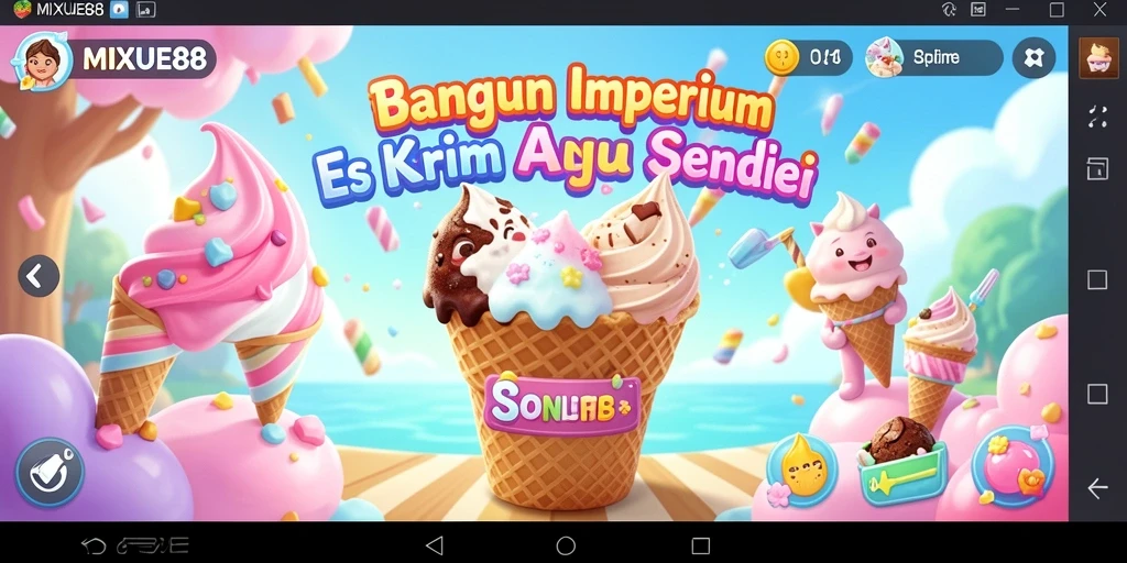 Screenshot gameplay MIXUE88 menampilkan toko es krim yang ramai.