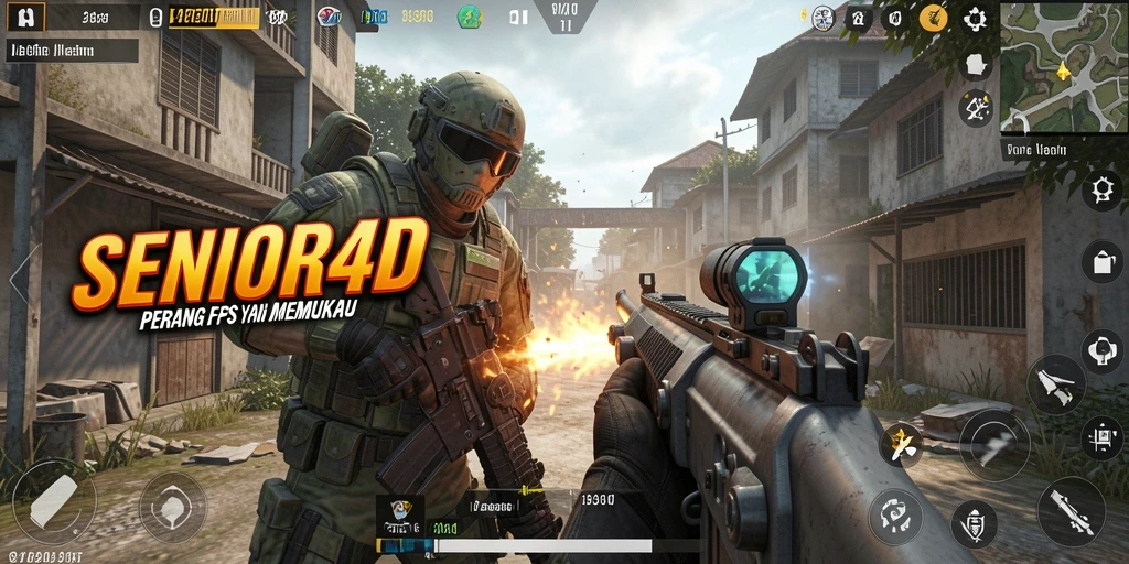Tangkapan layar gameplay SENIOR4D menampilkan aksi tembak-menembak yang seru.