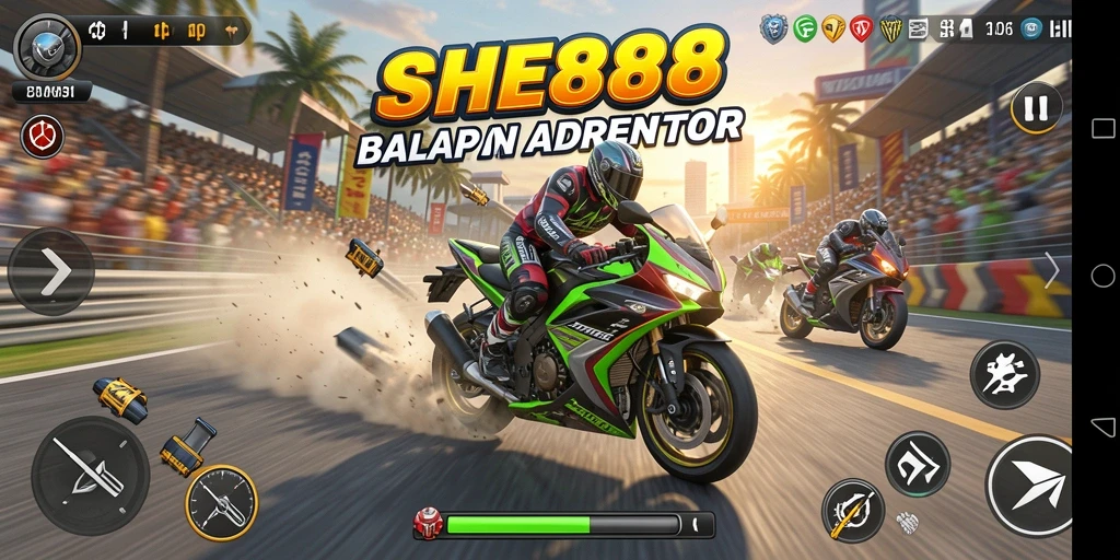 Tampilan gameplay SHE888 yang menegangkan saat balapan motor.